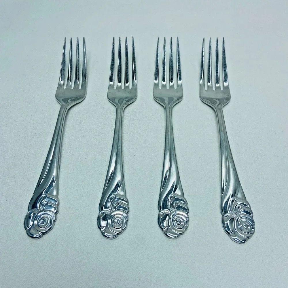 Set of 4 Yamazaki Ribbon Rose Stainless Glossy Salad‎ Fork 6.75